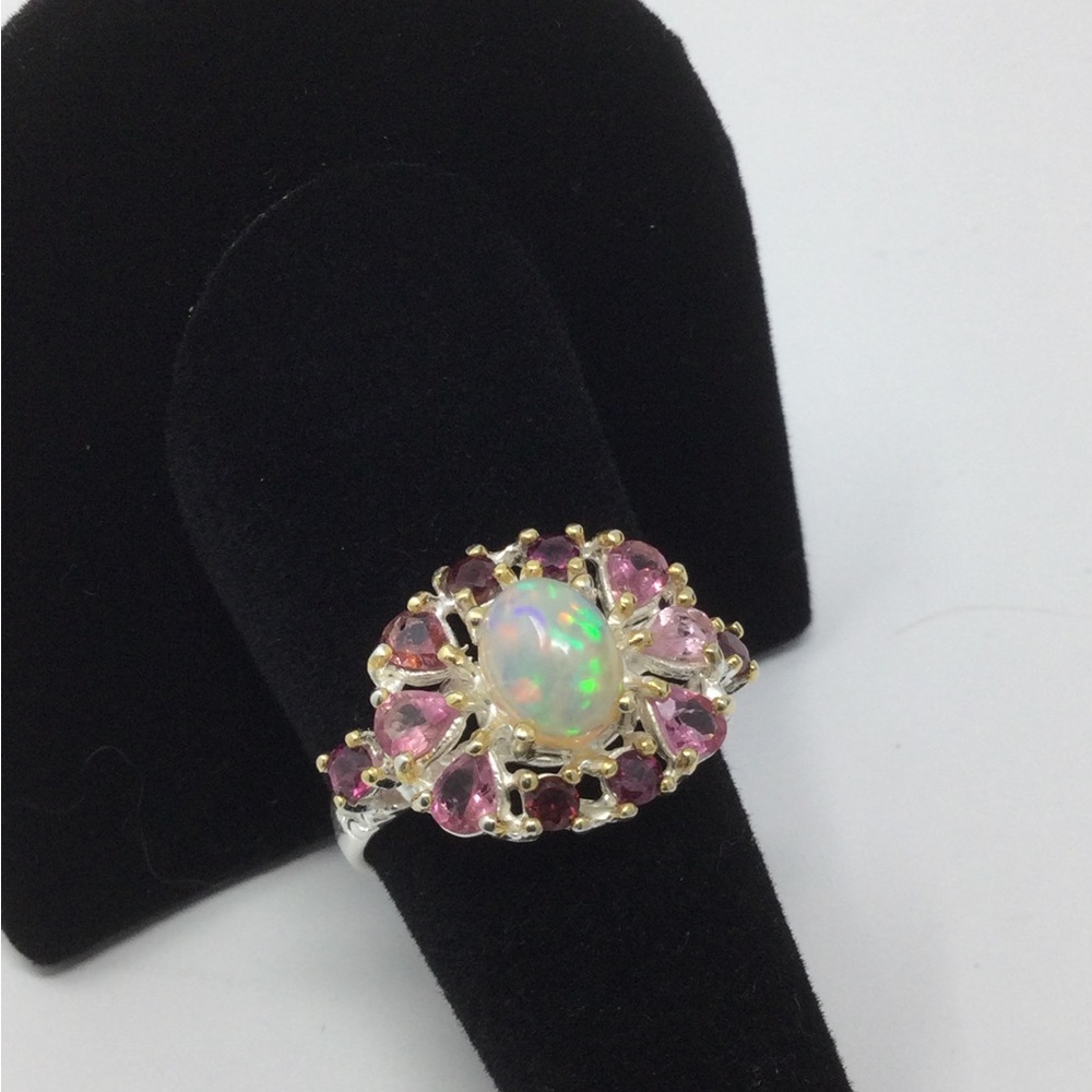 Genuine , Natural Fiery Opal & Pink Tourmalines Ring - Picture 11 of 14